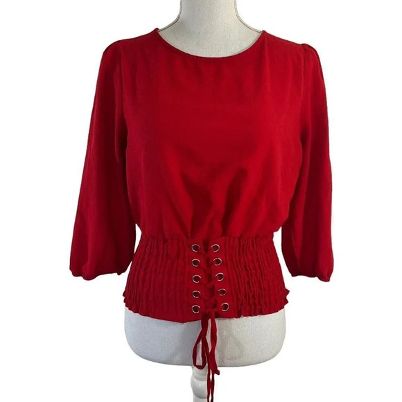 Moa Moa Tops - Moa Moa Y2K Ruched Elastic Hem Lace Up Bright Red Blouse Size Medium